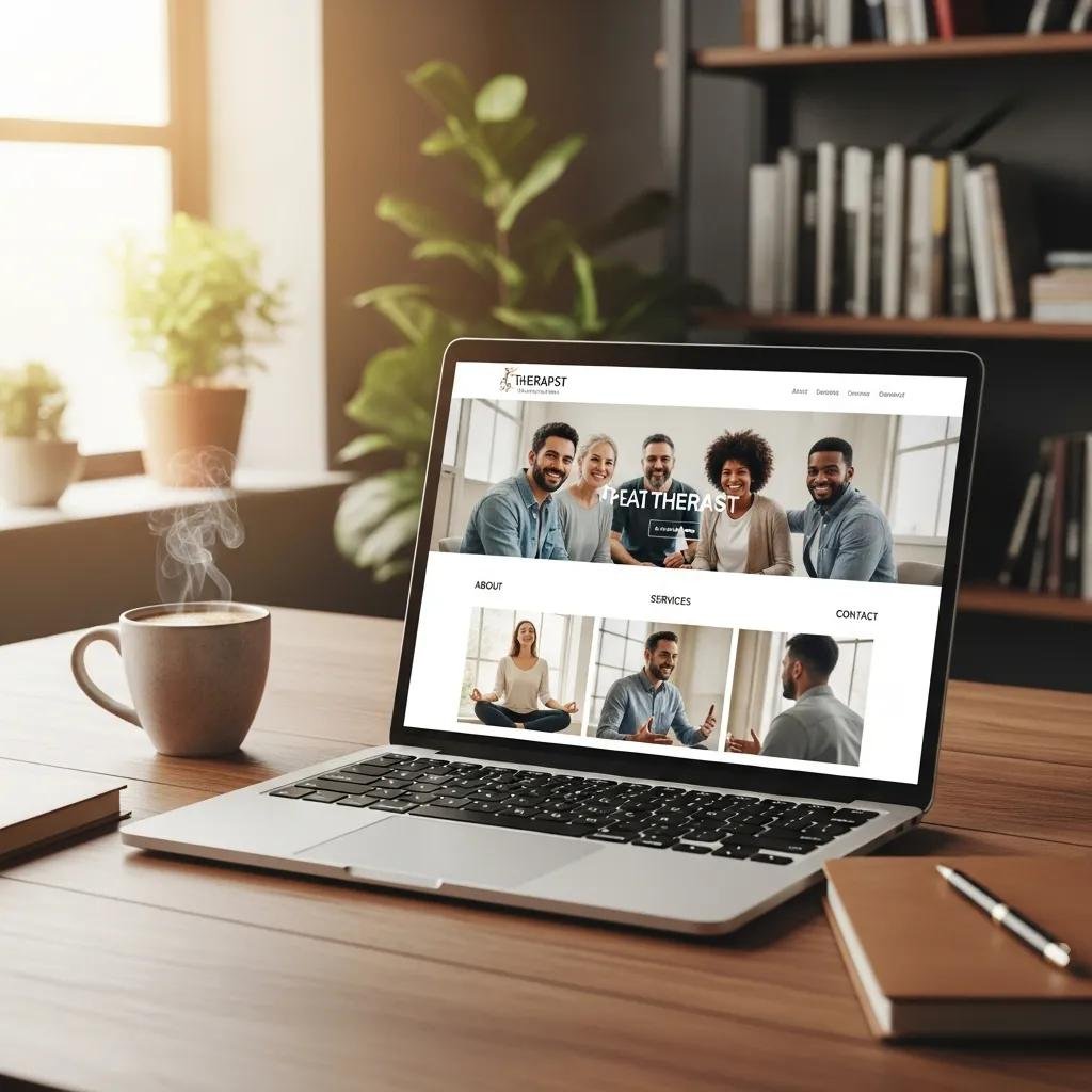 Therapist website on a laptop showcasing diverse stock photos