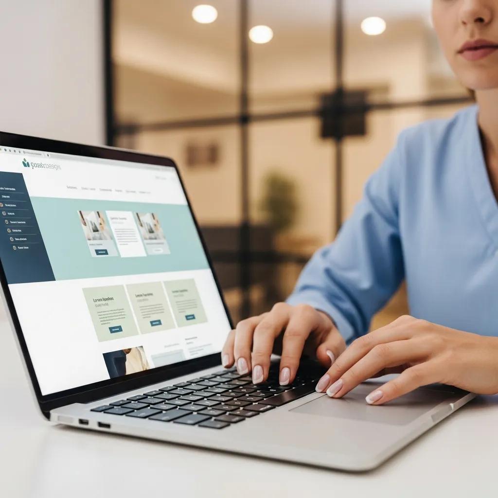 Therapist working on a laptop showcasing a professional website design for enhancing online visibility and client acquisition.