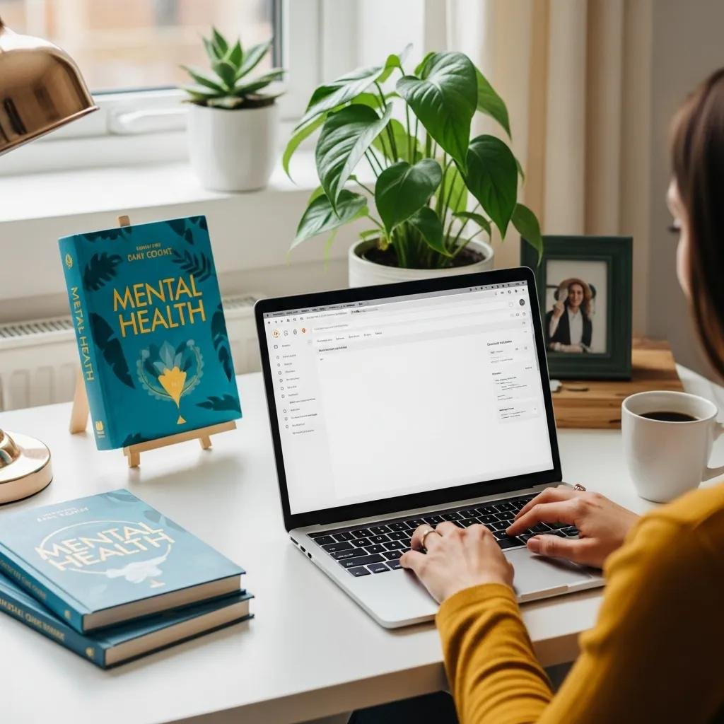 Therapist working on a laptop in a cozy home office, symbolizing online course platforms for therapists and coaches