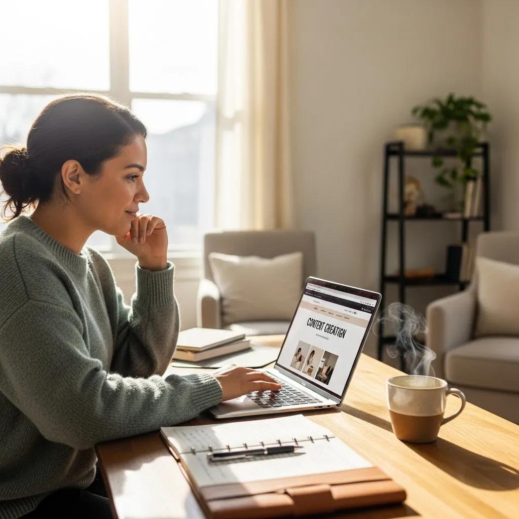 Therapist working on a laptop in a serene environment, symbolizing the creation of engaging website content