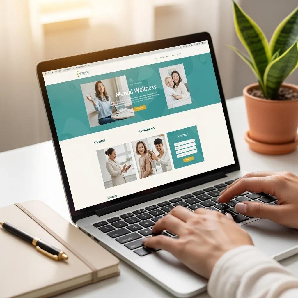 Therapist working on laptop with improved website design, illustrating benefits of website redesign