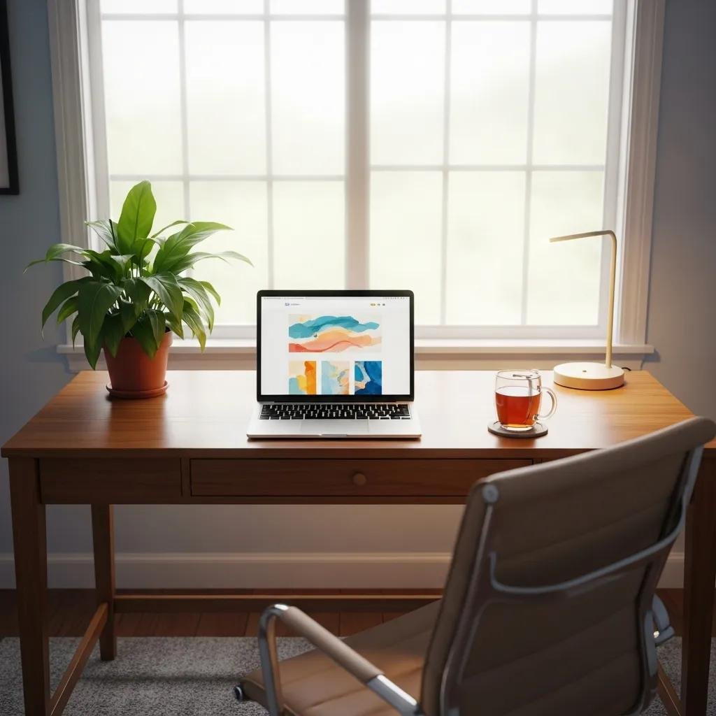 Therapist workspace promoting work-life balance with a laptop and calming decor
