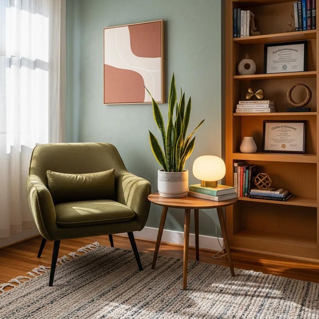 Therapist workspace showcasing a calm and professional environment, emphasizing personal branding