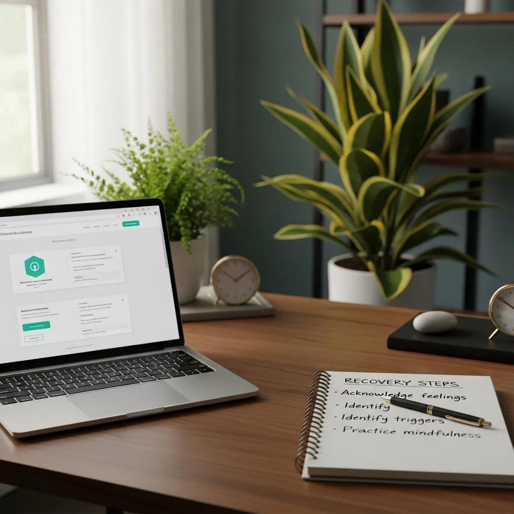 Therapist workspace with a laptop showing secure website interface and recovery materials