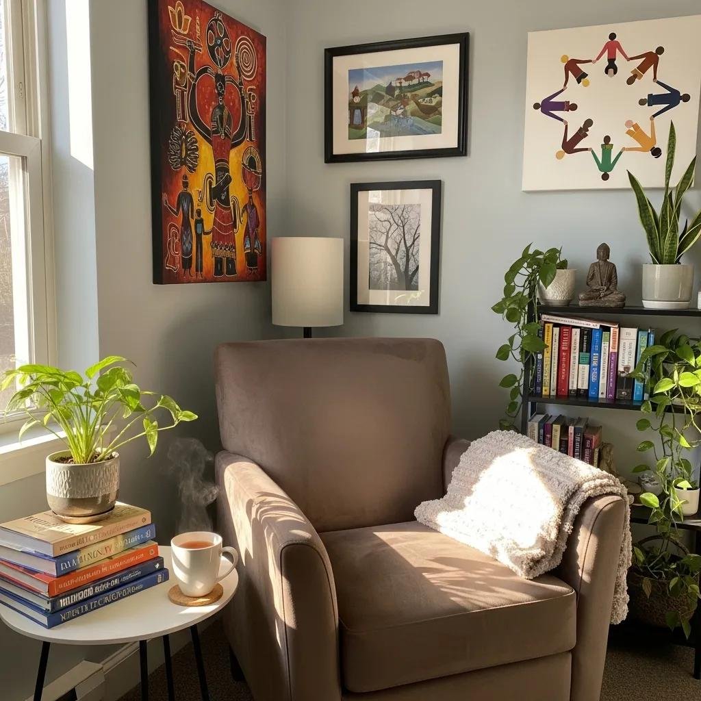 Therapist workspace with inclusive decor and calming atmosphere