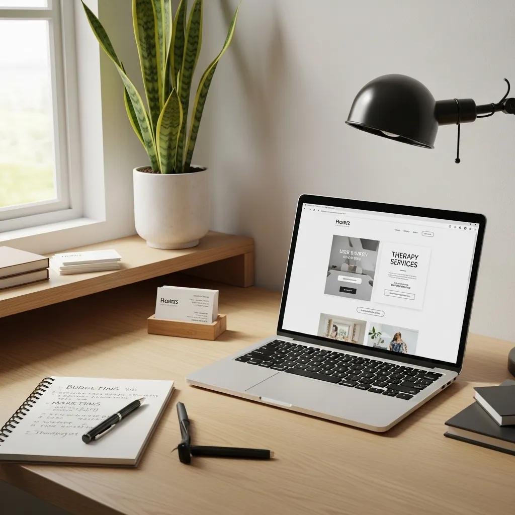 Therapist workspace with laptop and budgeting notes, representing website cost estimation