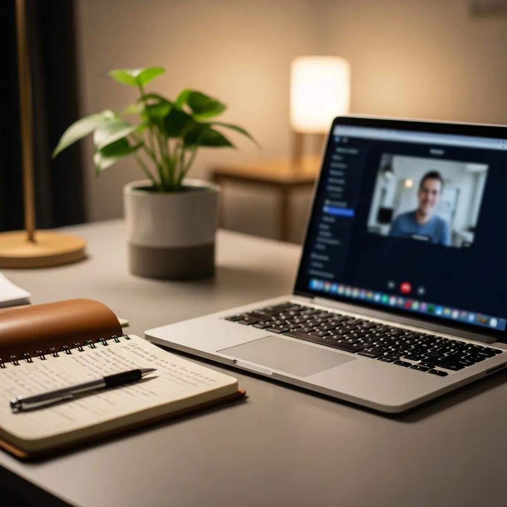 Therapist workspace with laptop and notepad, emphasizing online therapy and client confidentiality