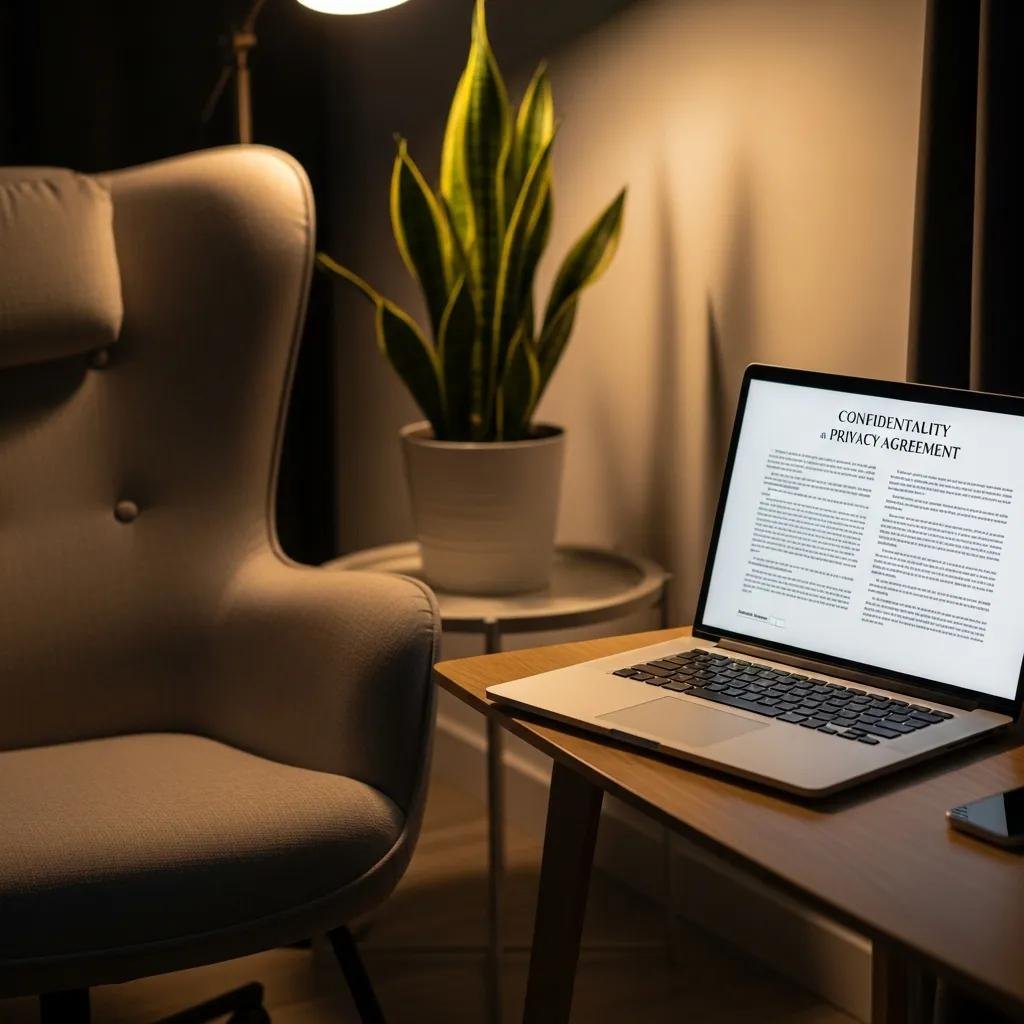 Therapist workspace with laptop and privacy policy document, emphasizing online therapy and client confidentiality