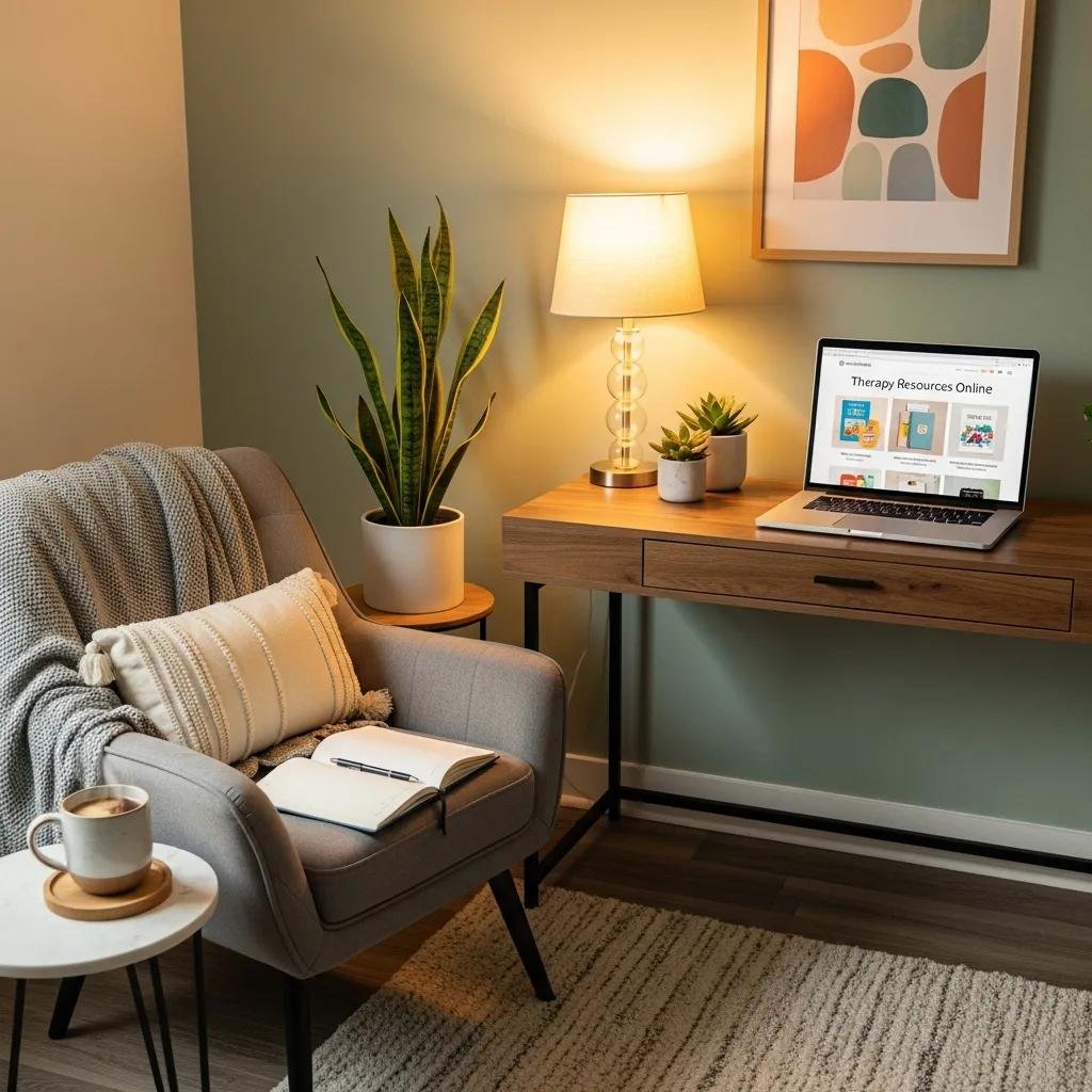 Therapist workspace with laptop showcasing e-commerce solutions, emphasizing online therapy services