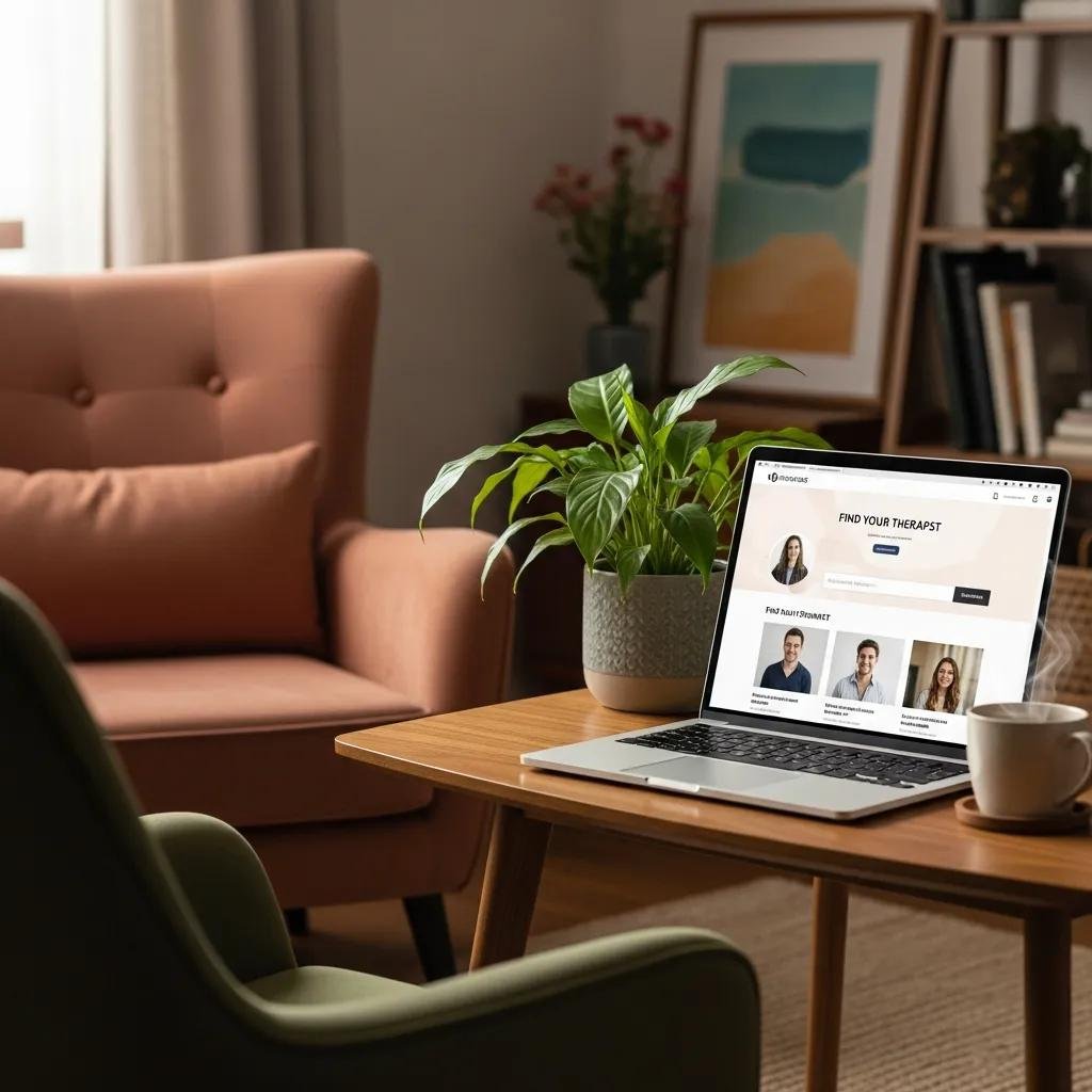 Therapist workspace with laptop showing online directory, emphasizing the importance of digital presence