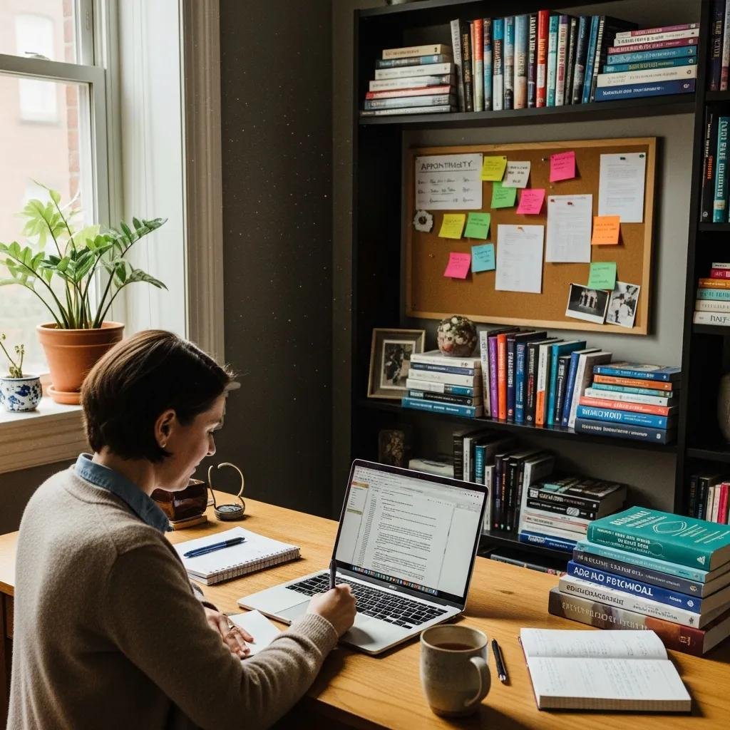 Therapist writing a blog post in a cozy office, illustrating the importance of blogging for client engagement