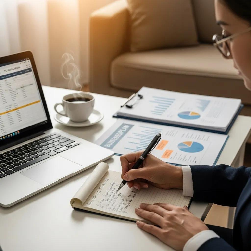 Therapist writing a business plan with a laptop and coffee