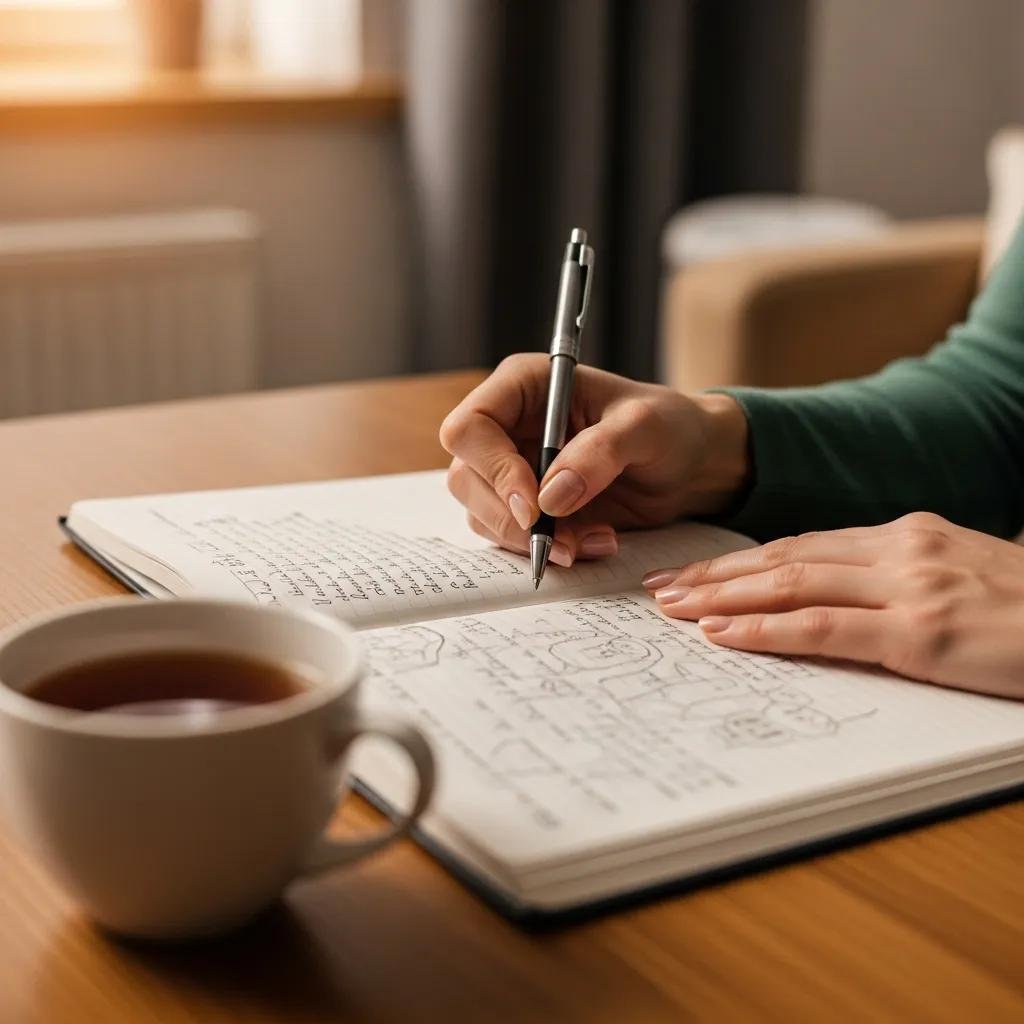 Therapist writing in a journal with a warm cup of tea, symbolizing personal reflection and connection