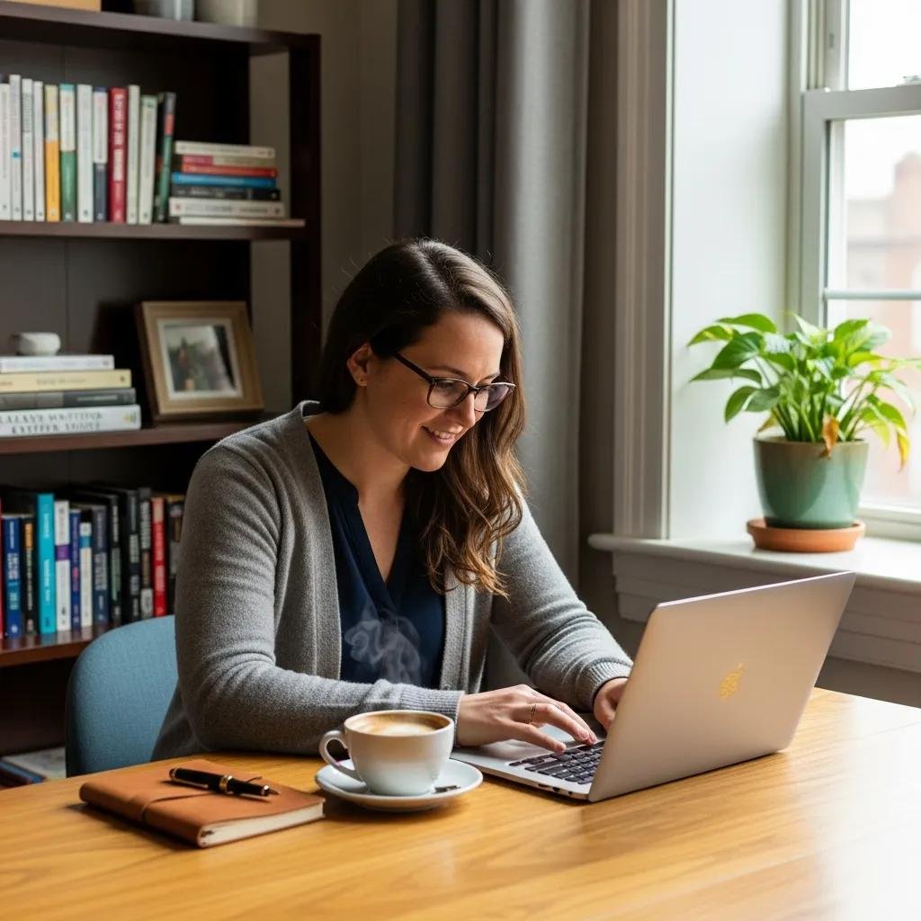 Therapist writing on a laptop in a cozy workspace, illustrating guest posting for backlinks