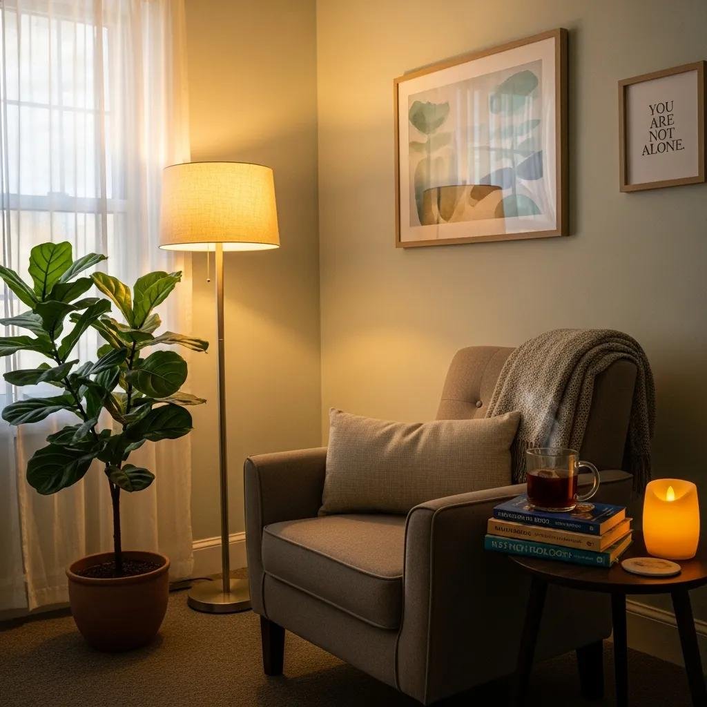 Therapist's cozy workspace with inviting decor, emphasizing trust and comfort in therapy
