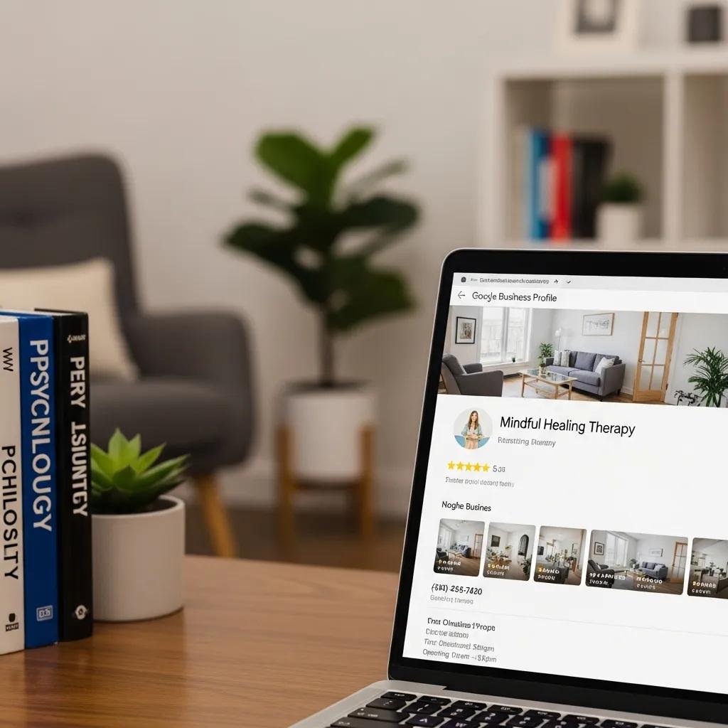 Therapist's Google Business Profile displayed on a laptop, highlighting local SEO optimization