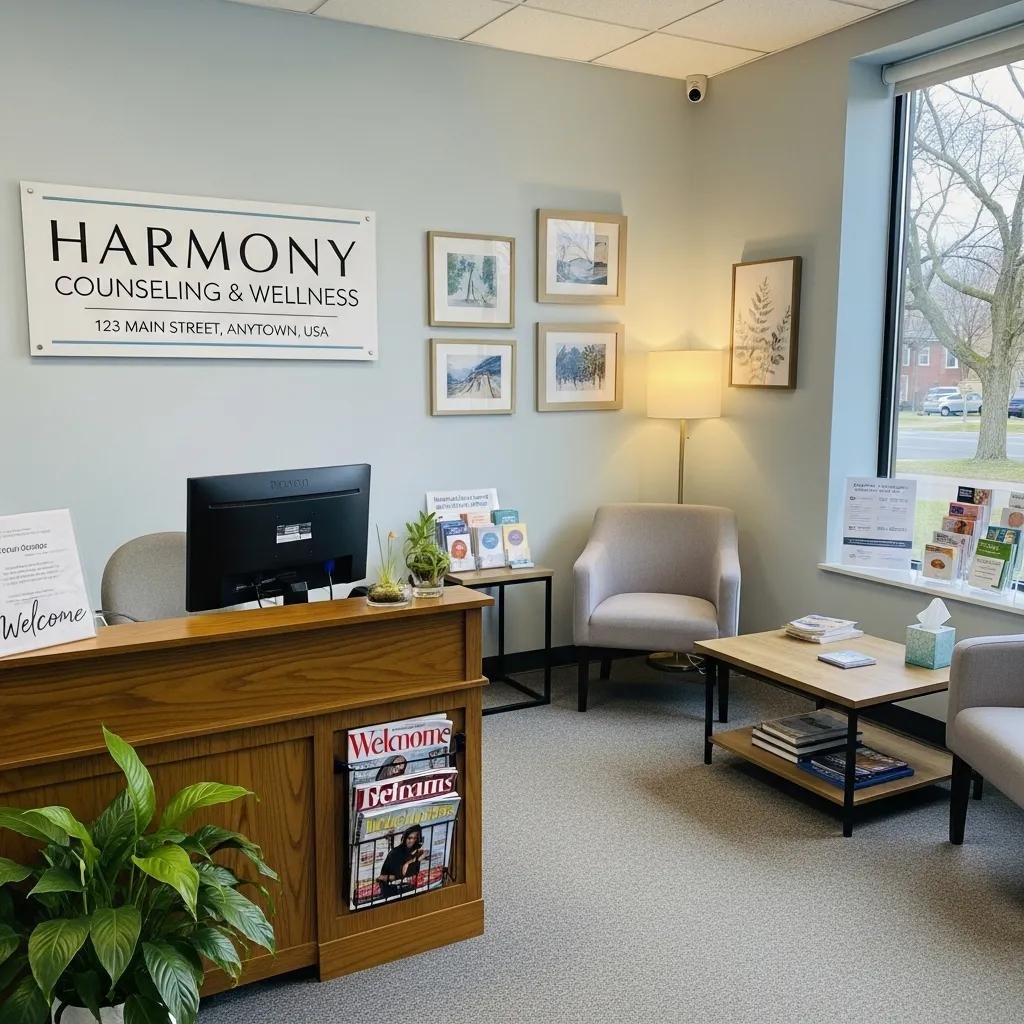 Therapist's office with a business sign, illustrating local therapy services and SEO enhancement