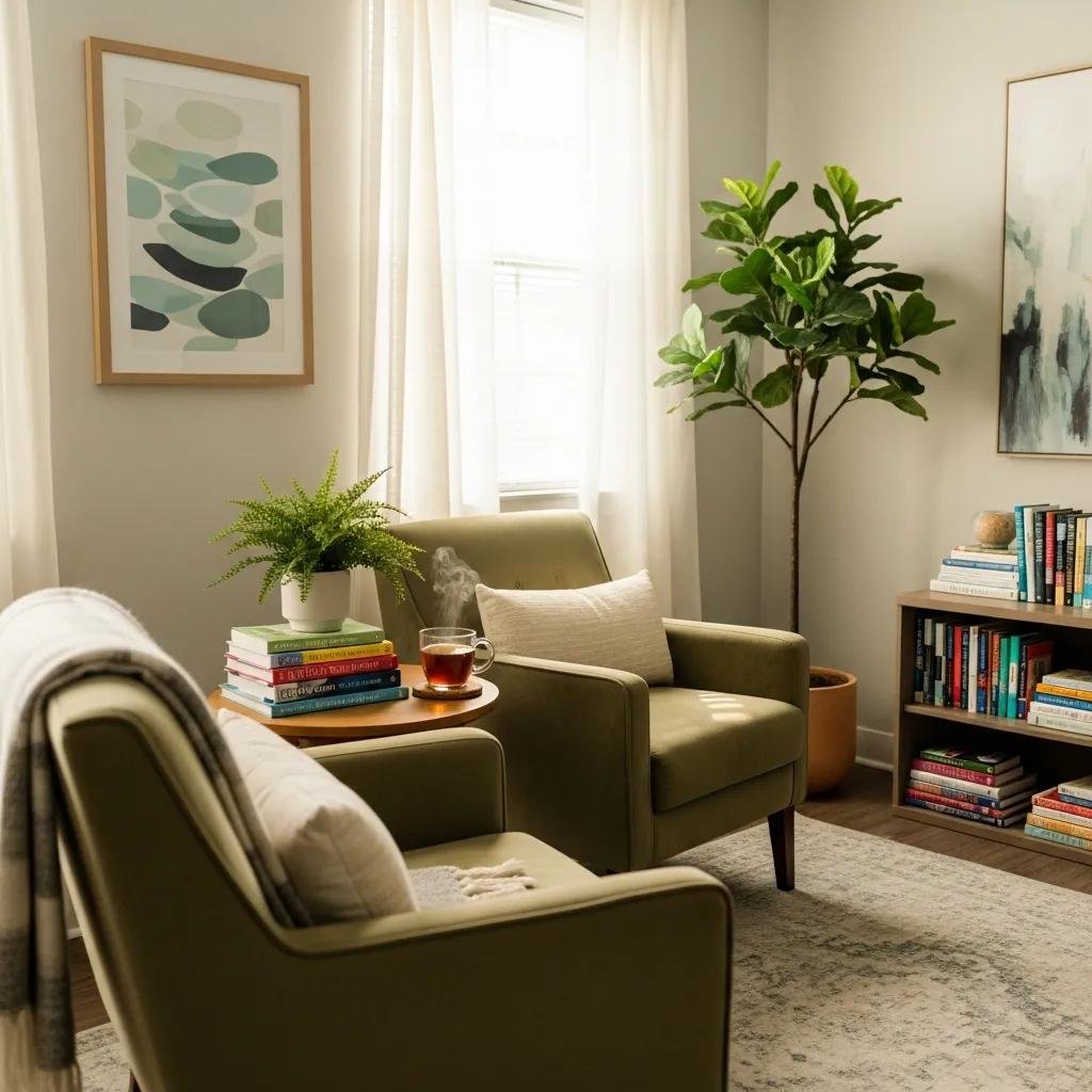 Therapist's office with comfortable seating and calming decor, promoting a sense of trust and safety