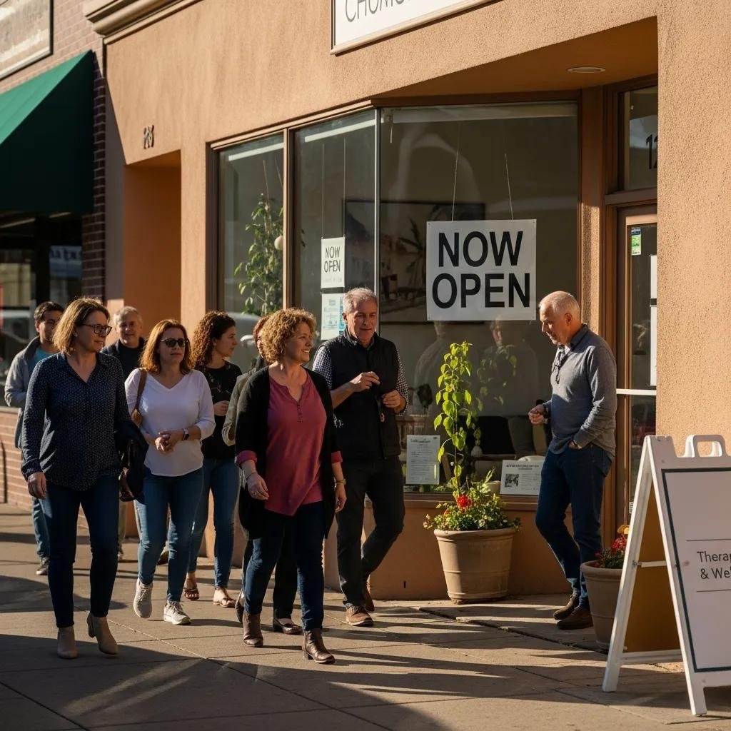 Therapist's office with 'Now Open' sign in a local community, highlighting local SEO strategies for practice growth