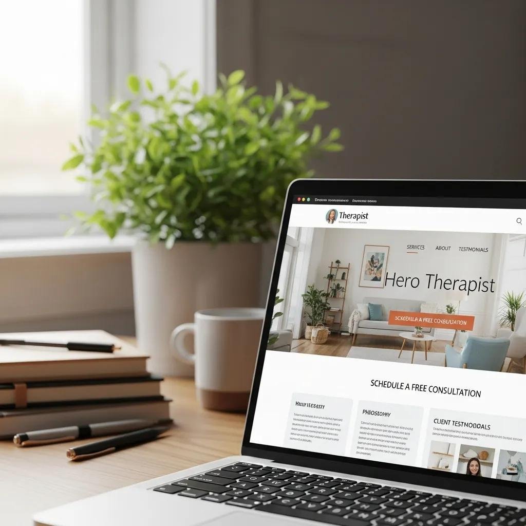 Therapist's professional website on a laptop, emphasizing the importance of digital presence for referral visibility