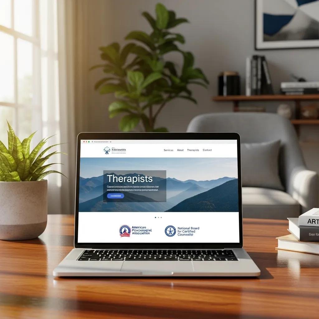 Therapist's website showcasing professional memberships on a laptop in a cozy office setting