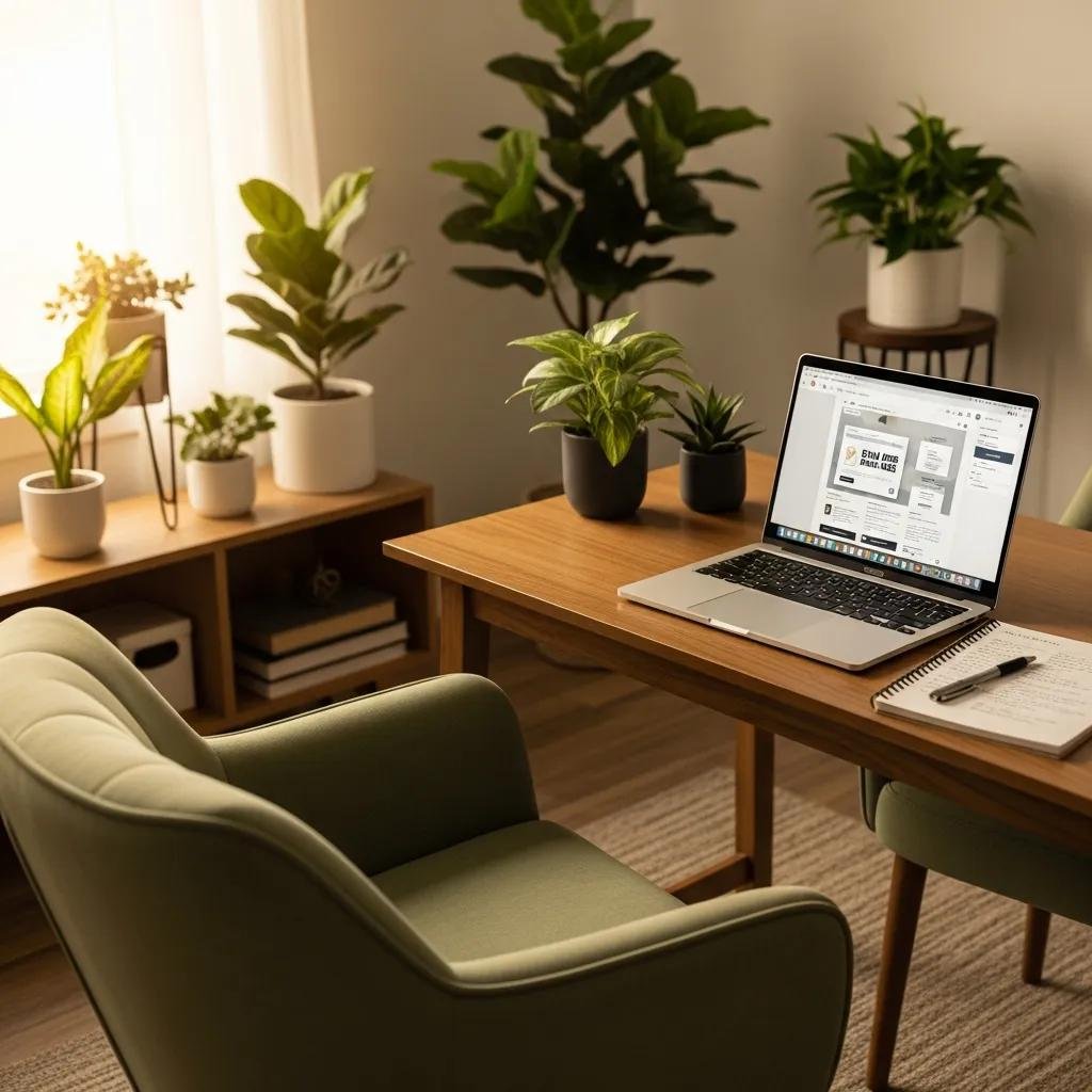 Therapist's workspace with a laptop and notepad, symbolizing email marketing for therapists