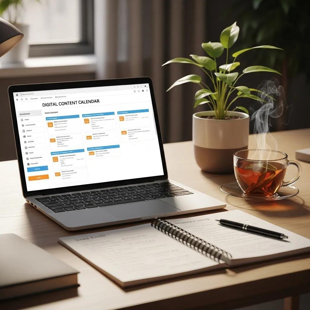 Therapist's workspace with a laptop displaying a content calendar, promoting organization and planning for therapy blogs