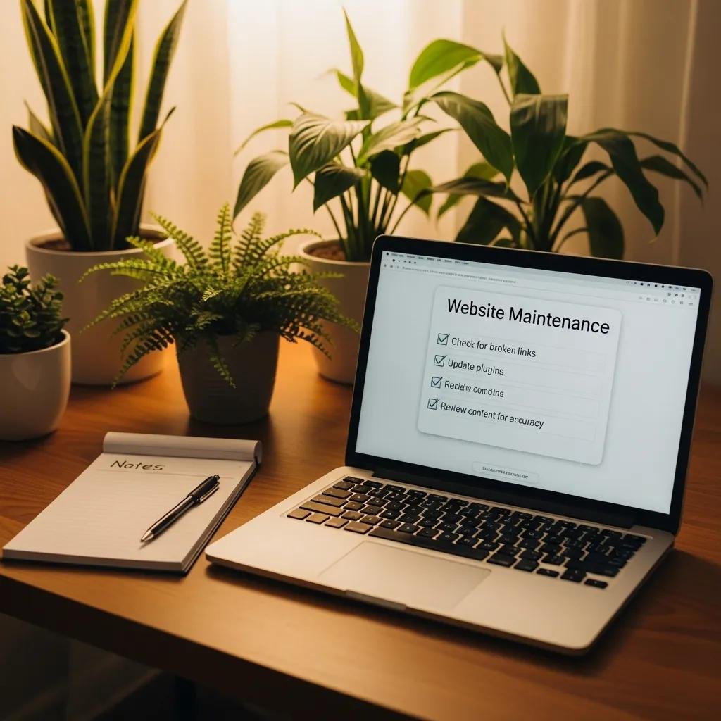 Therapist's workspace with a laptop displaying a website maintenance checklist, emphasizing professionalism and care