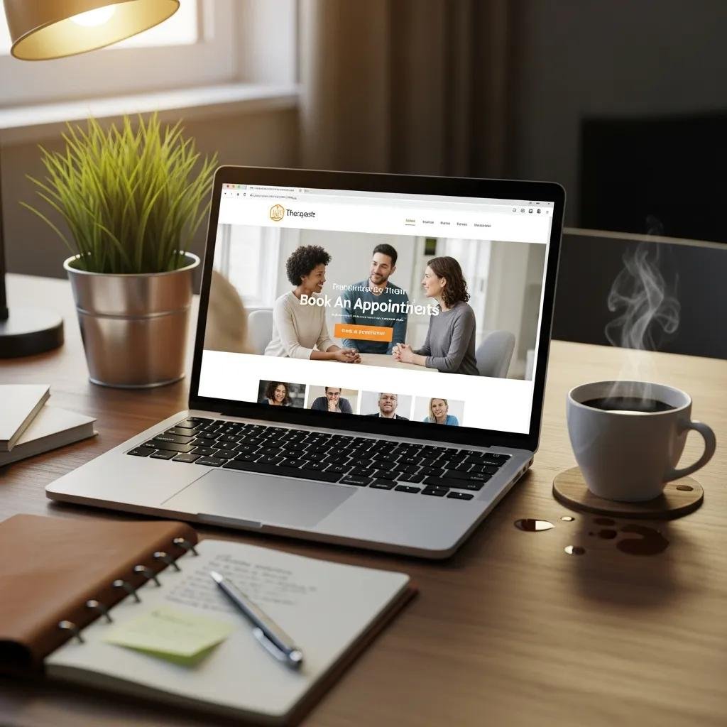 Therapist's workspace with laptop showcasing a professional website
