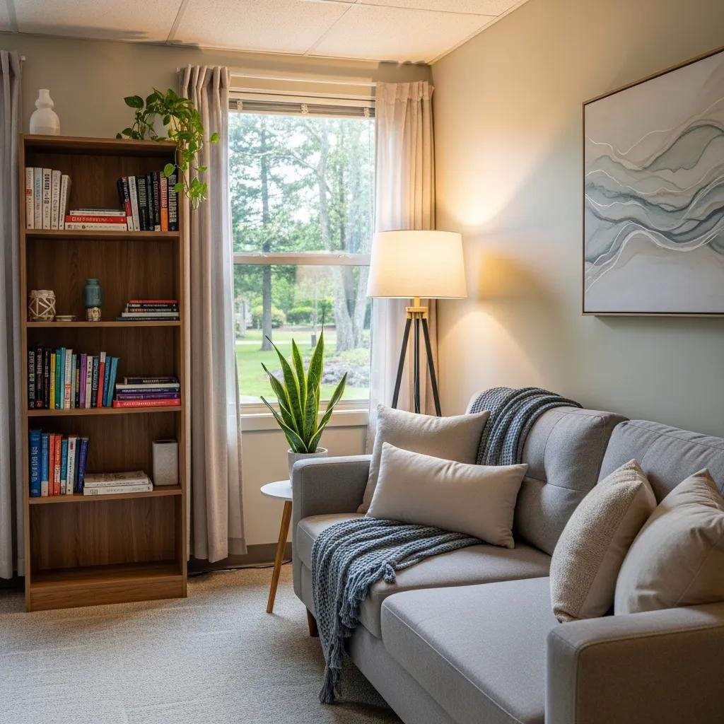 Therapy office interior emphasizing client privacy and comfort