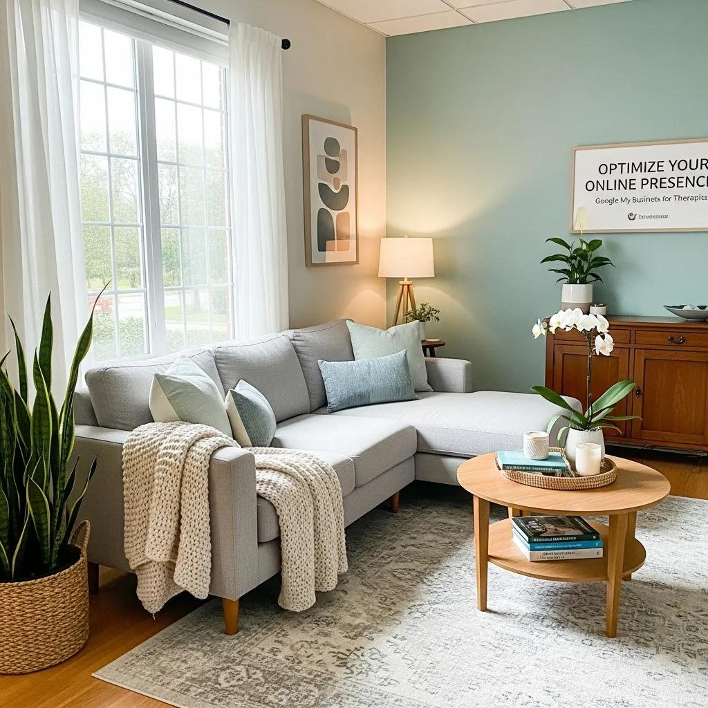 Therapy office interior showcasing a comfortable couch and calming decor, emphasizing the importance of a professional environment for therapists
