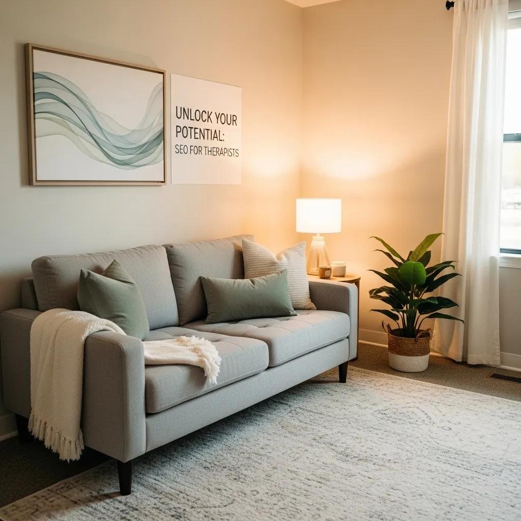 Therapy office interior showcasing a comfortable couch and calming decor, symbolizing the importance of a professional online presence for therapists