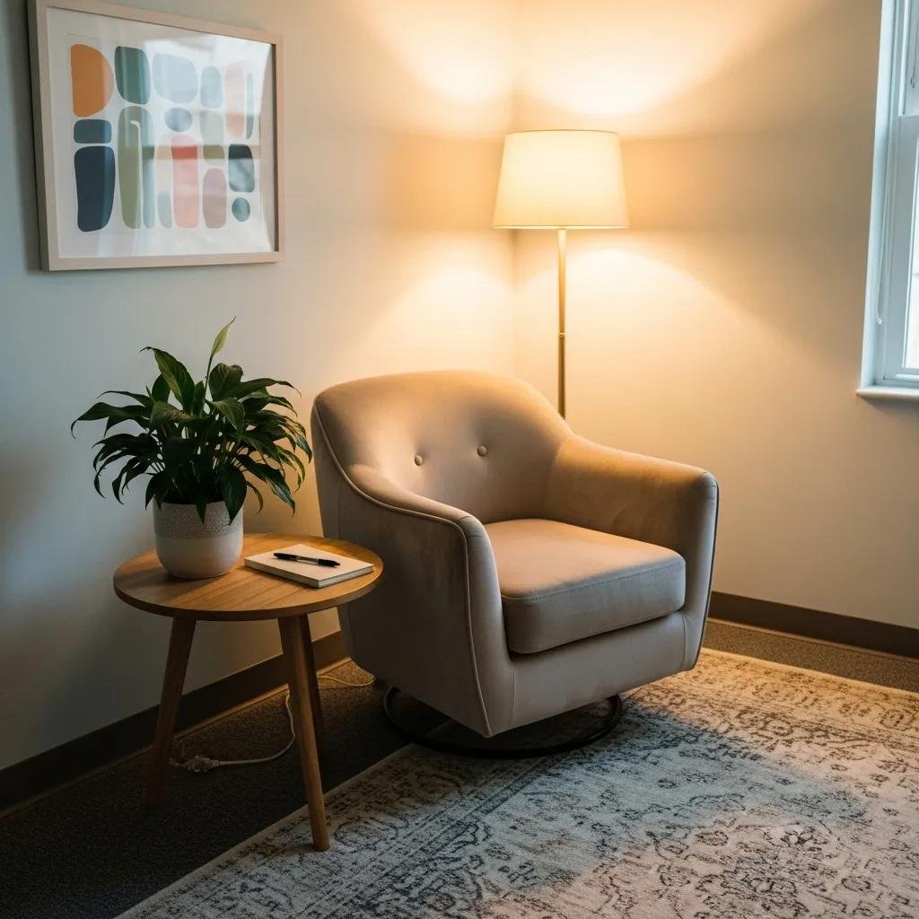 Therapy office representing a safe space for client confidentiality and trust