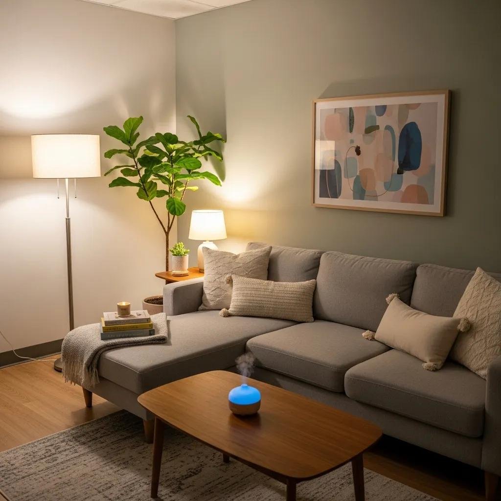 Therapy office setting with comfortable couch and calming decor