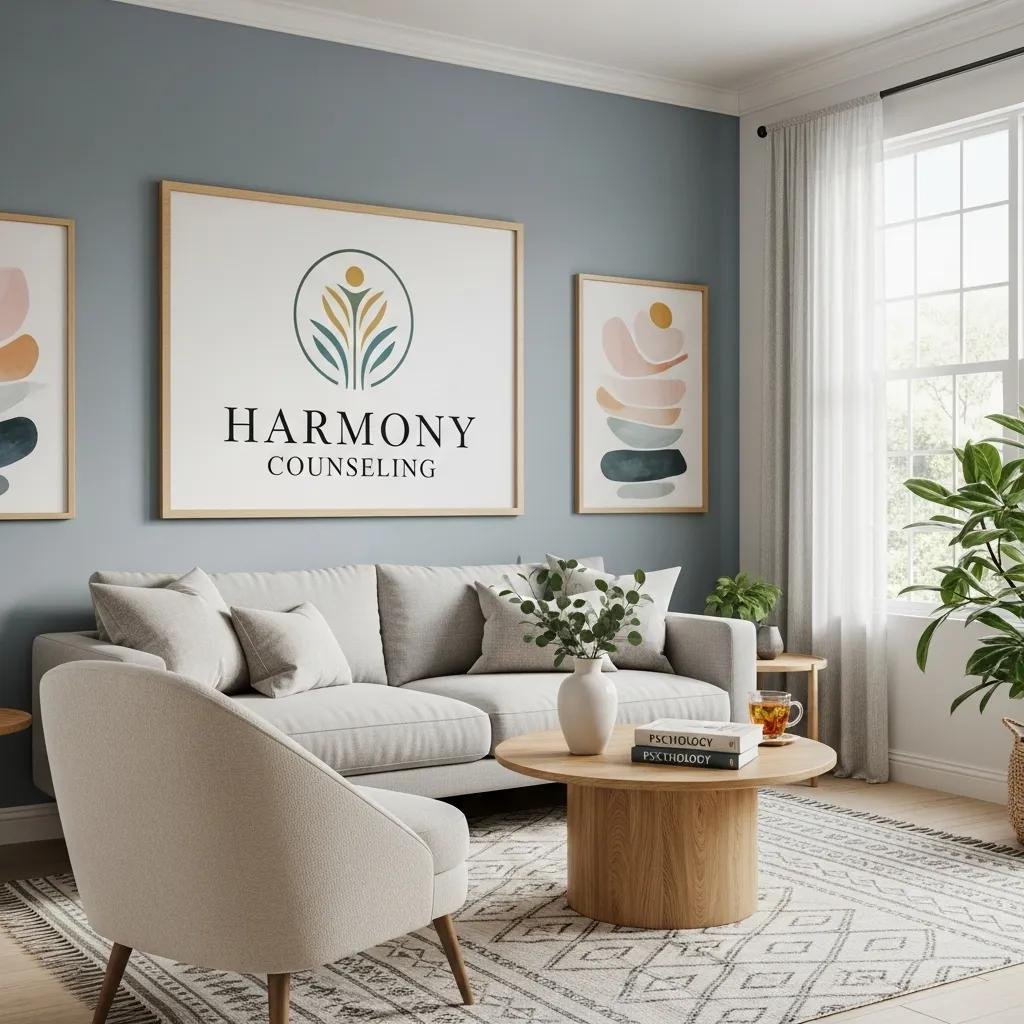 Therapy office with a calming atmosphere showcasing a professional logo on the wall