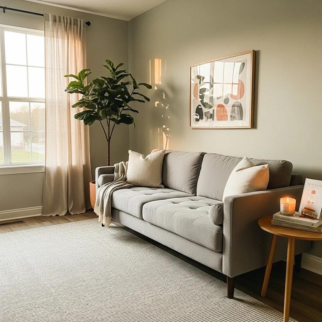 Therapy office with a comfortable couch and calming decor, representing mental health and therapy