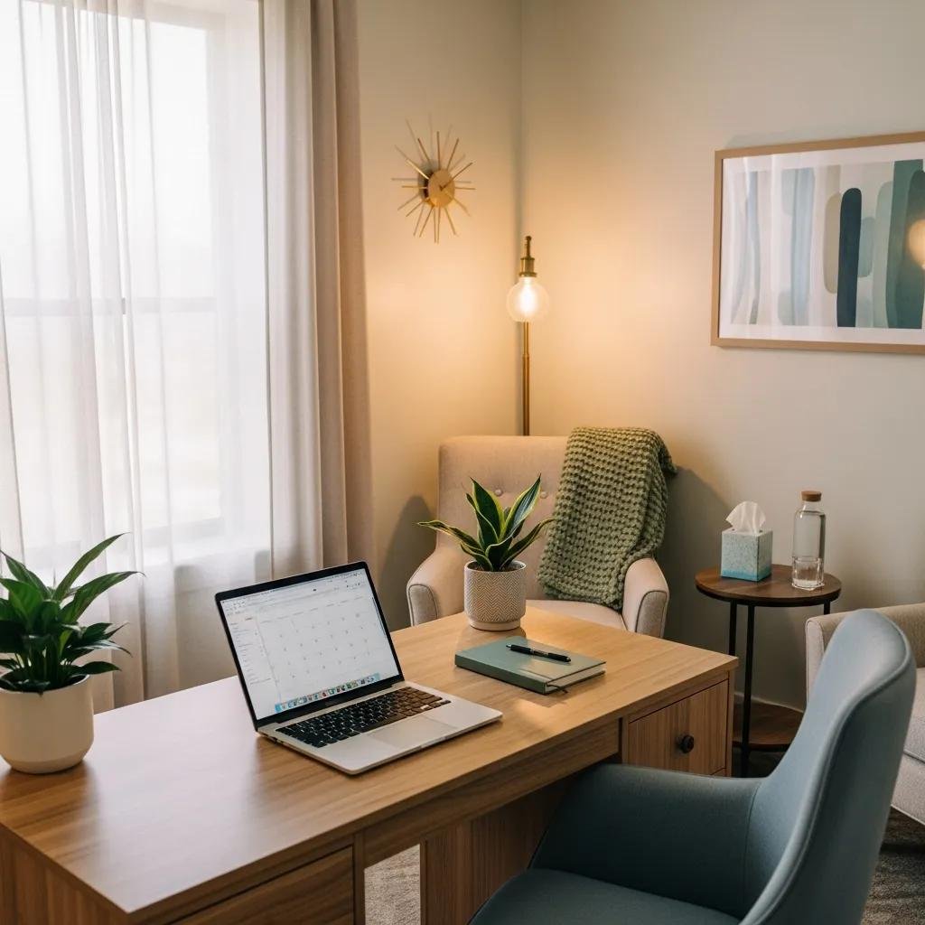 Therapy office with a laptop and comfortable seating, emphasizing secure and private practice web design