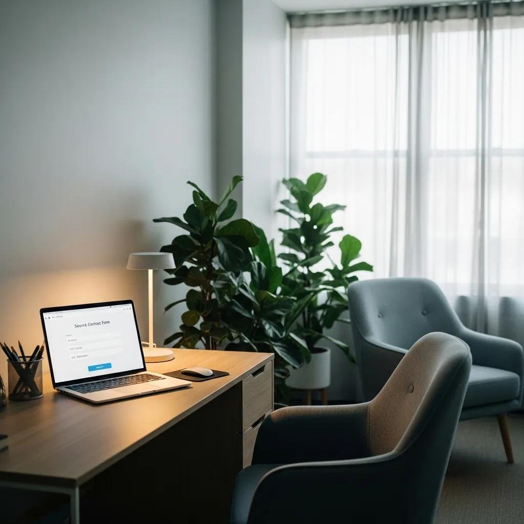Therapy office with a laptop showing a secure contact form, emphasizing HIPAA compliance and client confidentiality
