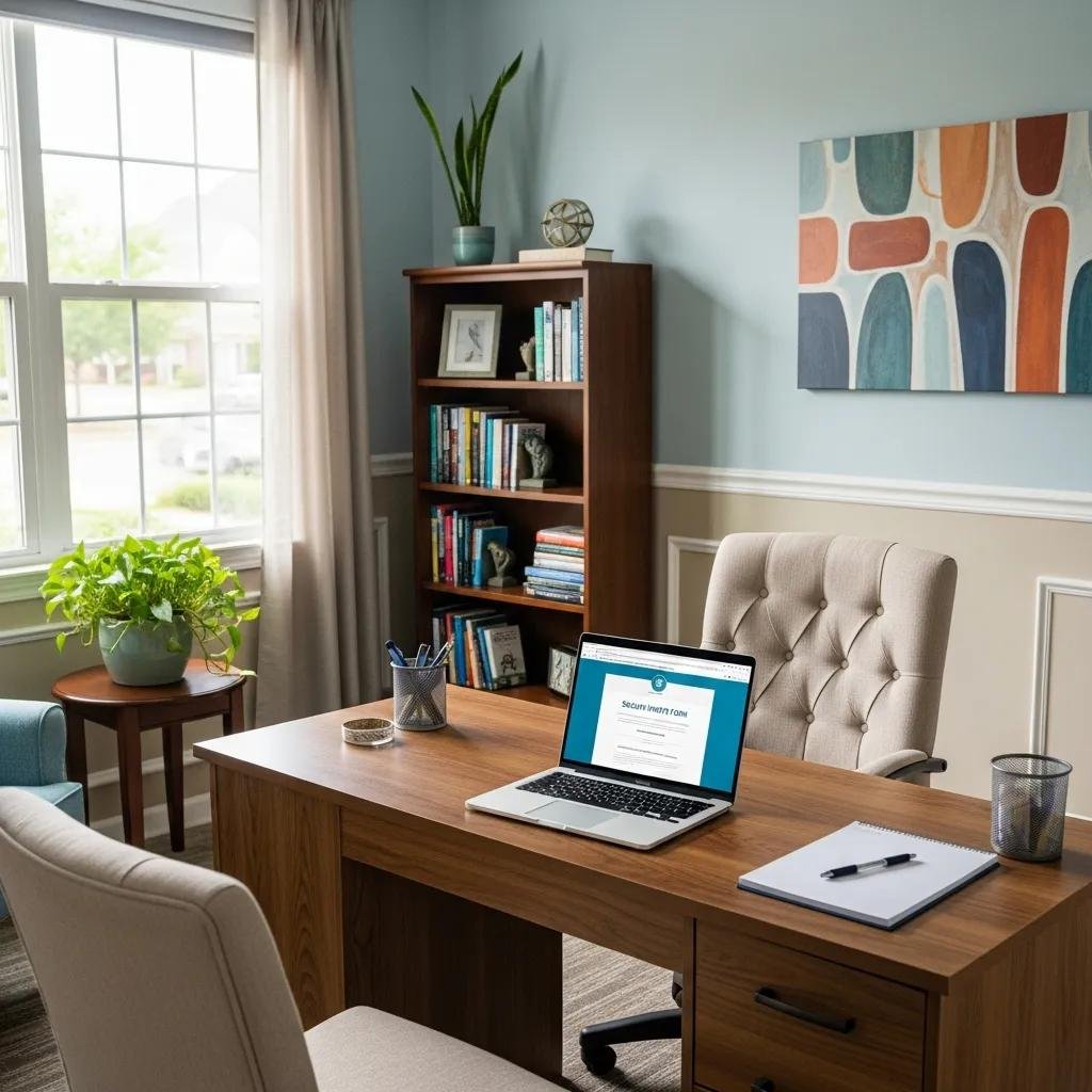Therapy office with a laptop showing secure online forms, emphasizing the importance of HIPAA compliance