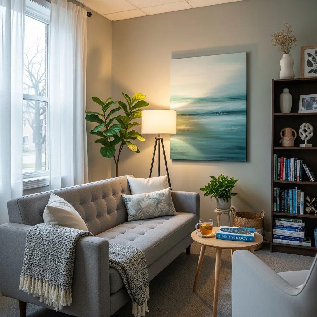 Therapy office with calming decor and inviting atmosphere for mental health professionals