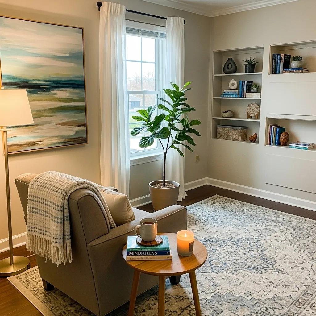 Therapy office with comfortable chair and calming decor, representing a professional therapist environment