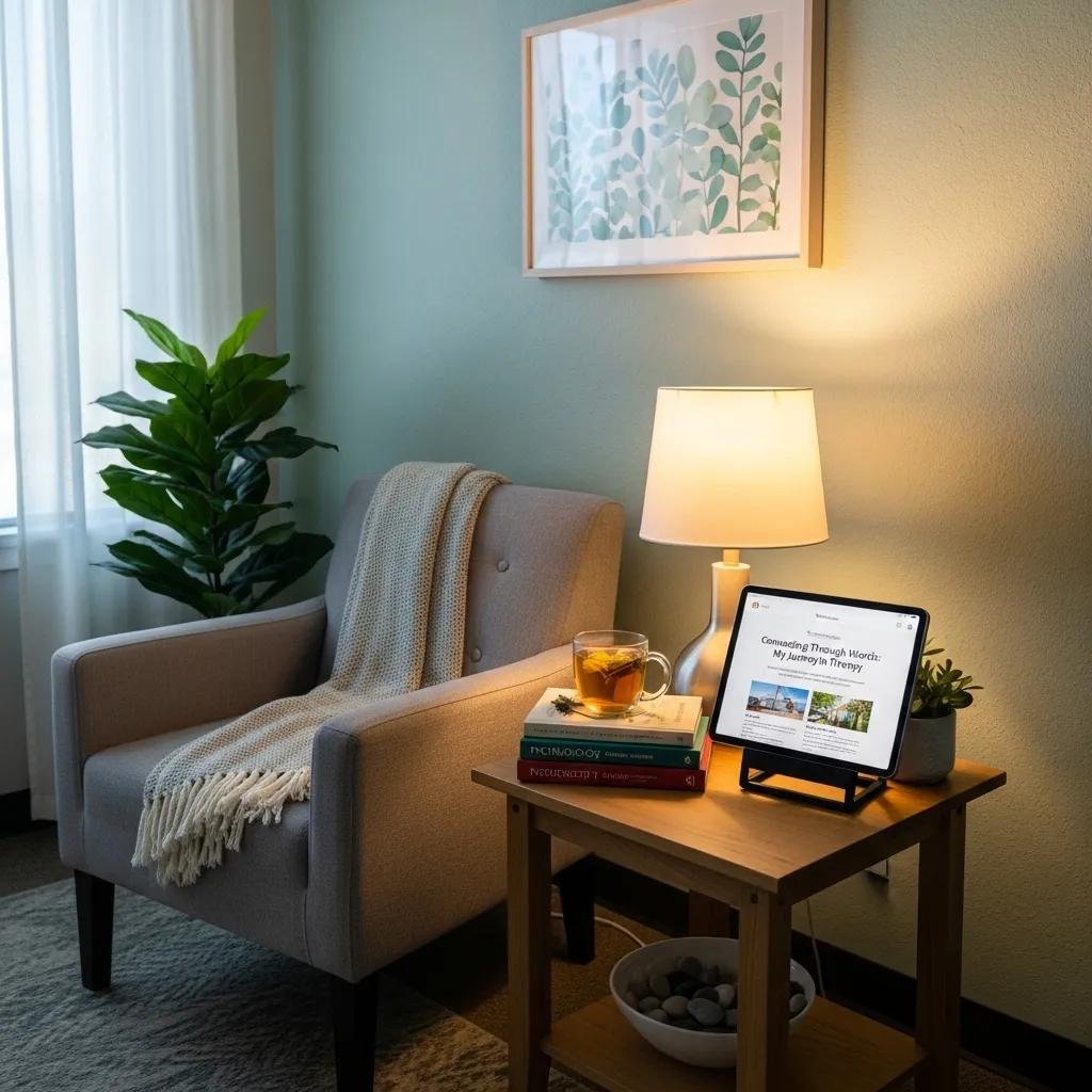Therapy office with comfortable chair and calming decor, representing the theme of therapists connecting with clients through blogging