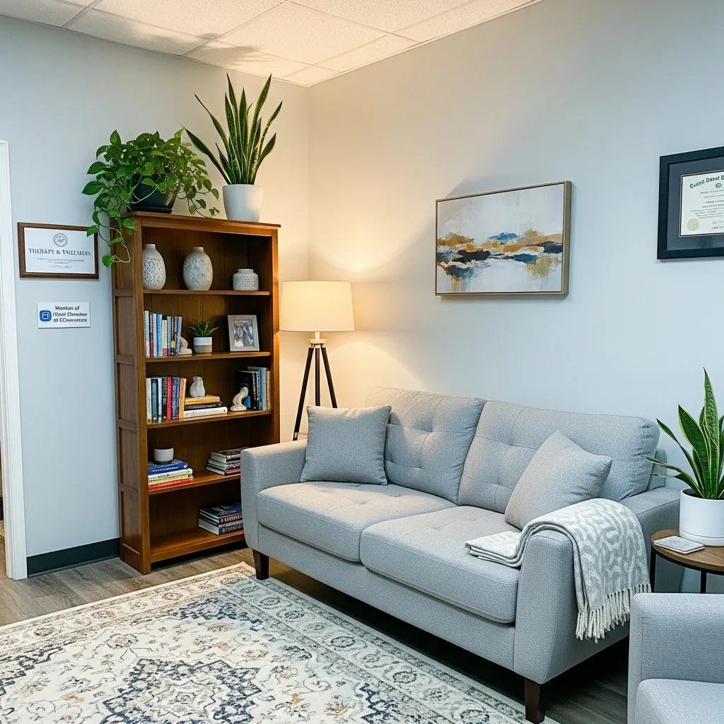 Therapy office with comfortable couch and calming decor, representing local citations for therapy practice SEO
