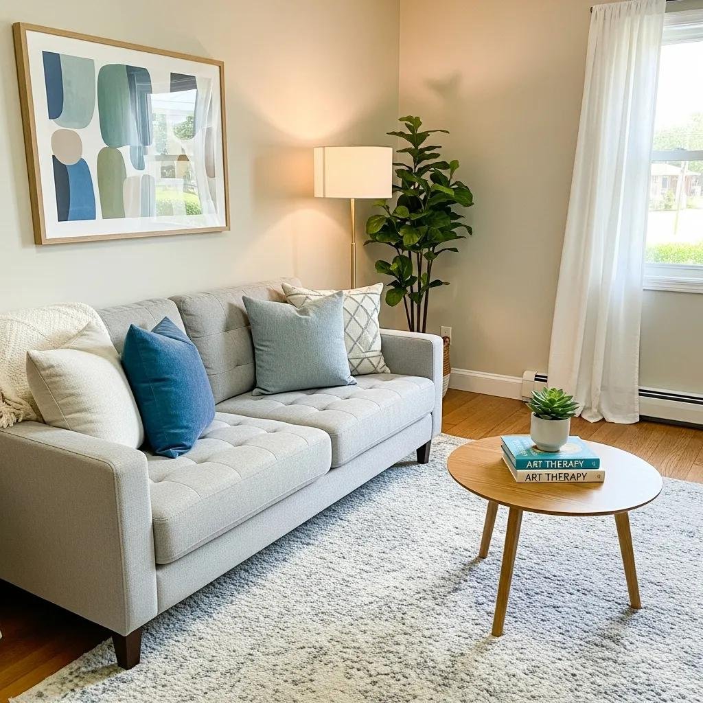 Therapy office with comfortable couch and calming decor, representing SEO tools for therapy website optimization