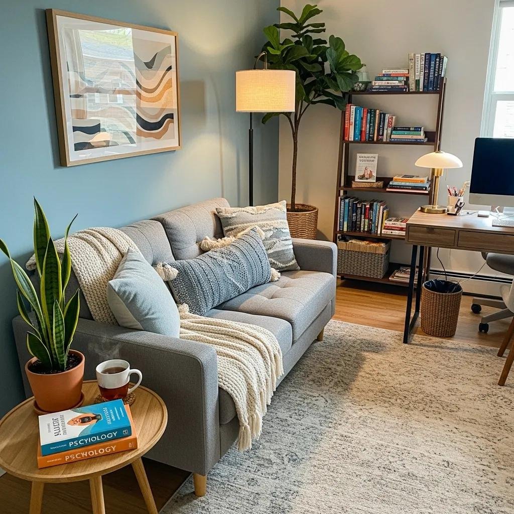 Therapy office with comfortable seating and calming decor, representing a content-rich blog strategy for therapists