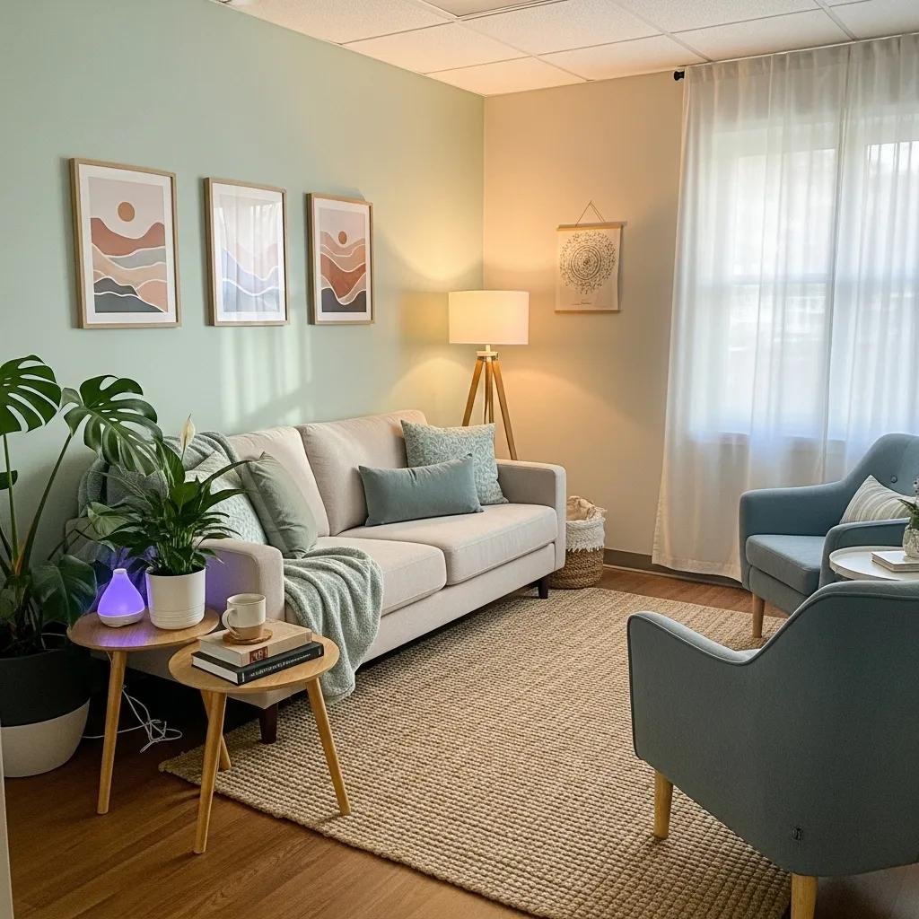 Therapy office with comfortable seating and calming decor, representing a welcoming environment for clients