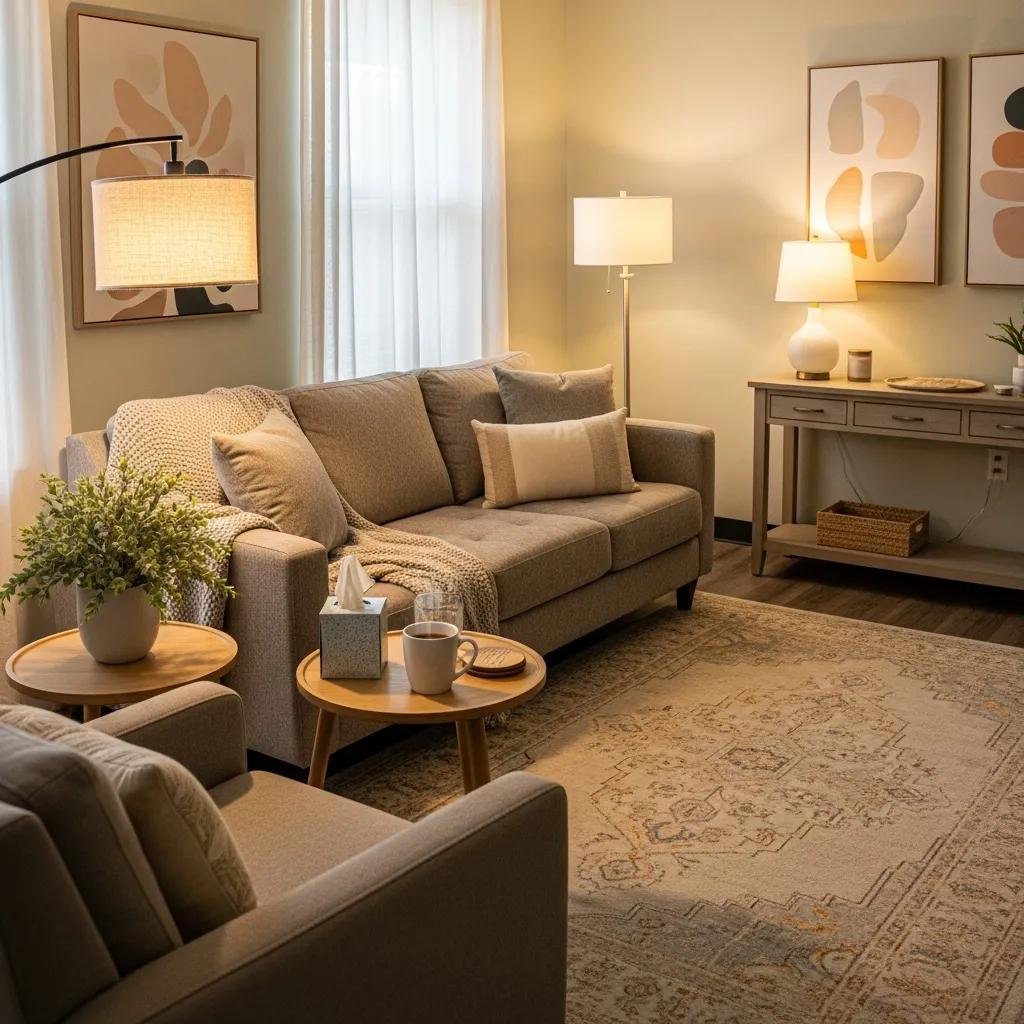 Therapy office with comfortable seating and calming decor, representing effective call-to-action strategies for therapy websites