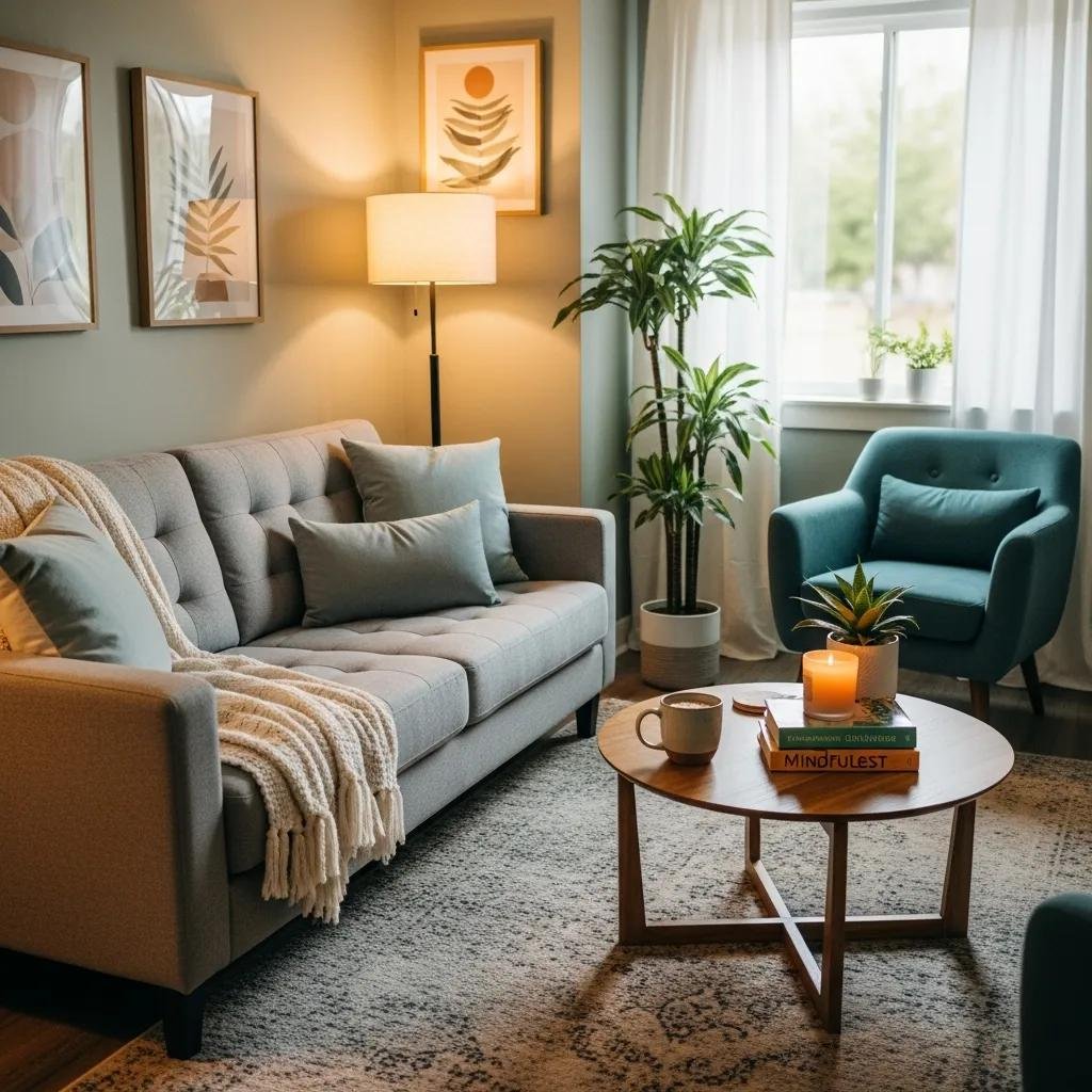 Therapy office with comfortable seating and calming decor, representing mental health practice