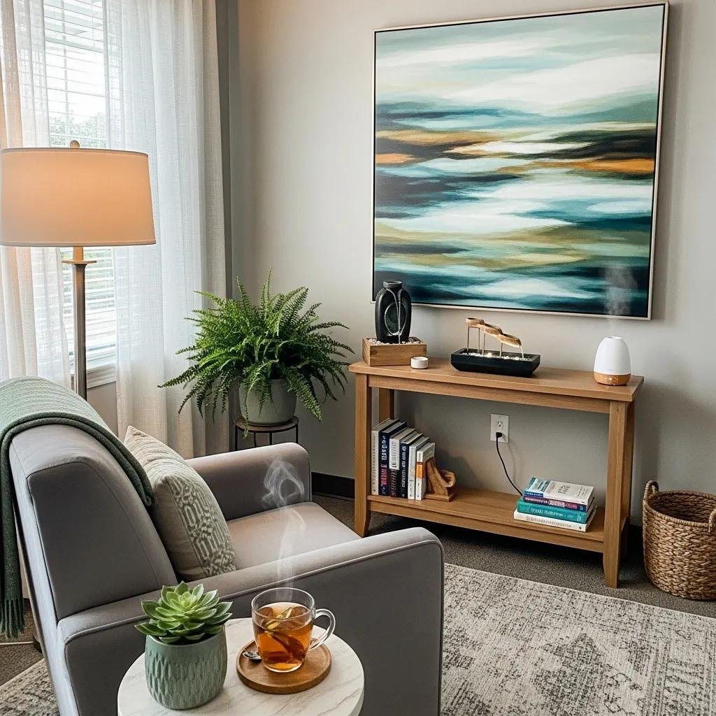 Therapy office with comfortable seating and calming decor, representing professional web design for therapists