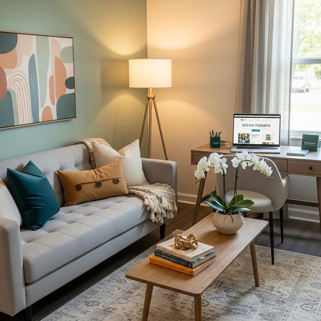 Therapy office with comfortable seating and calming decor, representing SEO for therapists